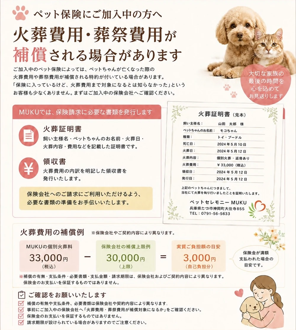 ペット保険の火葬費用・葬祭費用補償と、MUKUが発行する火葬証明書・領収書についての案内